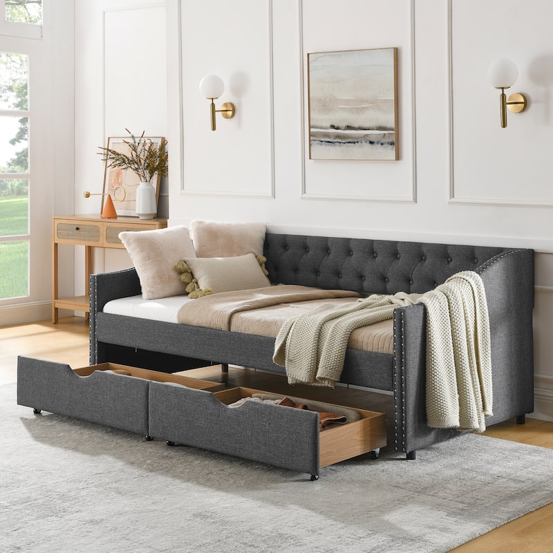 Tufted Button Daybed with 2 Storage Drawers/Upholstered Sofa Bed Frame w/Copper Nail on Waved Shape Armrests/No Spring Box Need