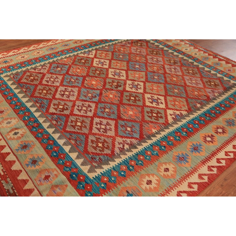 Trellis Geometric Kilim Oriental Area Rug Hand-Woven Wool Carpet - 8'2"x 9'6"