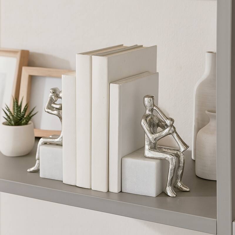 Decorative Metal Musicians on Marble Bases Bookends - 8", Silver - 8.0"