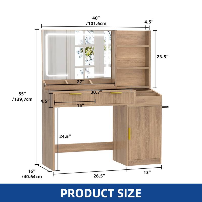 Moasis Makeup Vanity Desk with Power Outlet and 2 Drawers&3 Color Lighting Modes