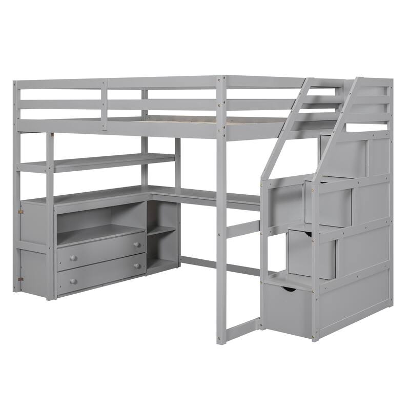 Full Size Loft Bed with Desk, Shelves, Drawers, and Storage Staircase in Gray