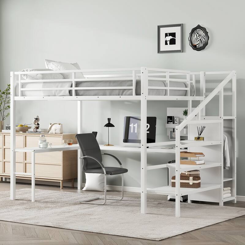 Roomfitters Queen Size Metal Loft Bed with L-Shaped Desk, USB Ports, LED Lighting & Adjustable Shelves, White
