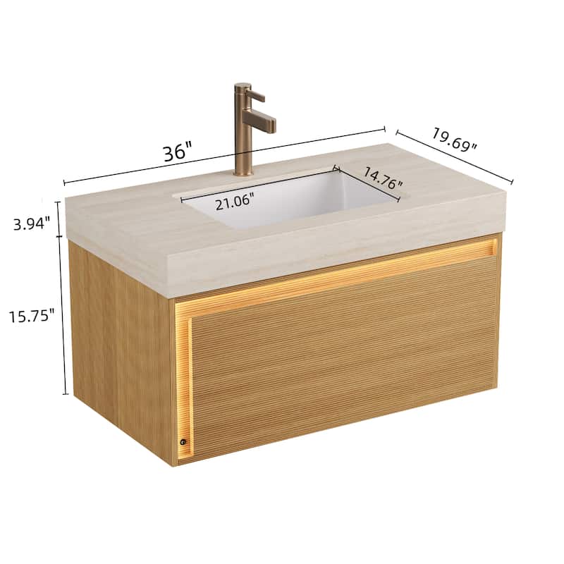 GDFStudio - Nyah Bathroom Vanity with Ultra-Slim Grille Drawer, Sensor Light, Travertine-Pattern Top