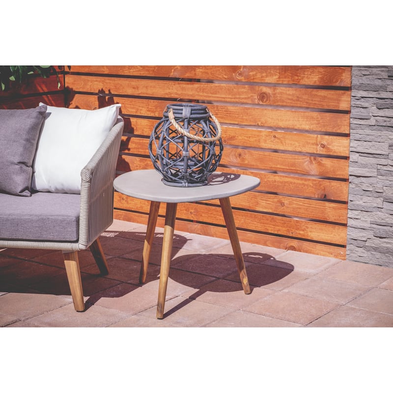 Gray Concrete Inspired Oval End Table Outdoor Accent Table with Brown Tapered Wood Legs - Accent Table - 24"W, 19"H