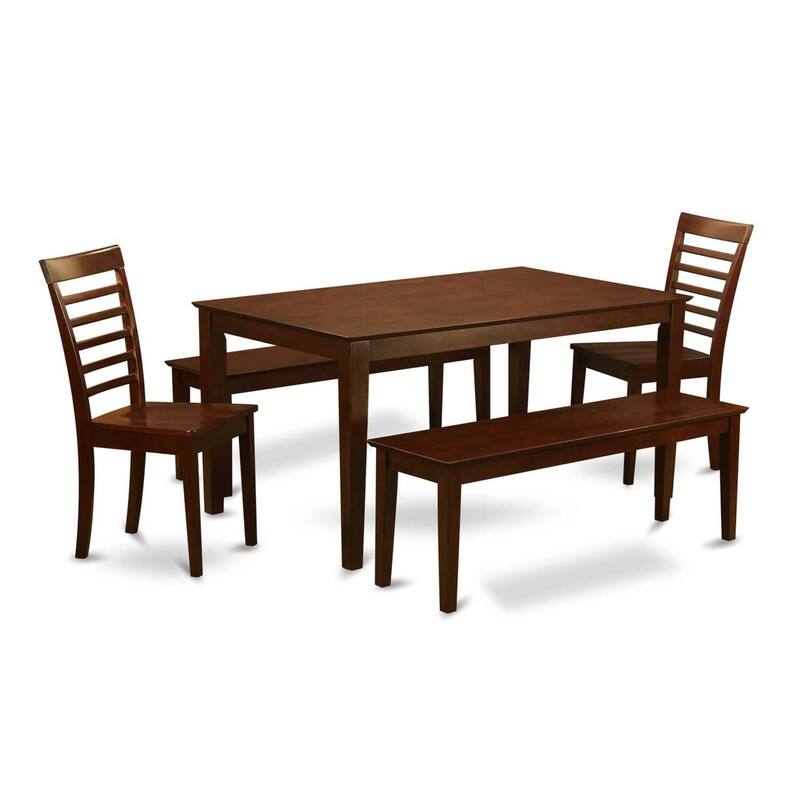 HomeStock 5-Piece Rectangle Mahogany Finish Solid Wood Top Dining Table with 2 Benches, 2 Chairs