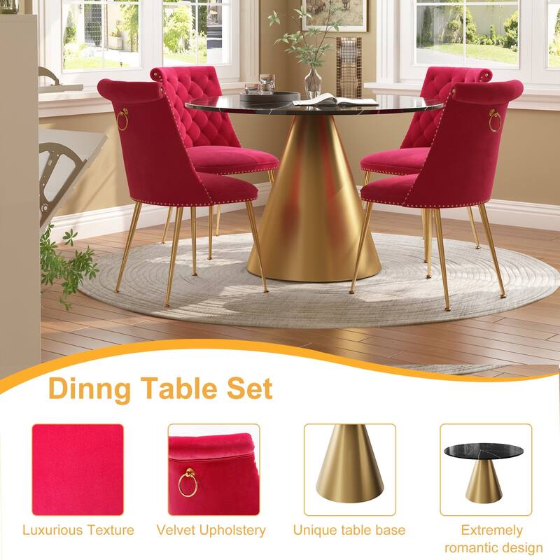 48" Marble Top Metal Dining Table with Velvet Dining Chair Set