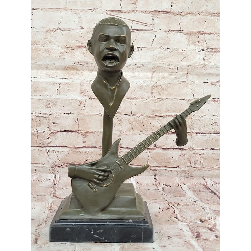 Electric Guitar Player Bronze Sculpture – Modern Musician Figurine On Marble Base