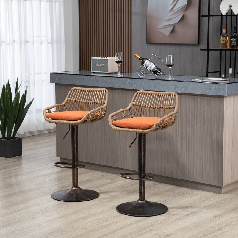 360° Swivel Bar Stools Set of 2, Adjustable Counter Height Chairs with Footrest, Rattan Bar Chairs with Cushions