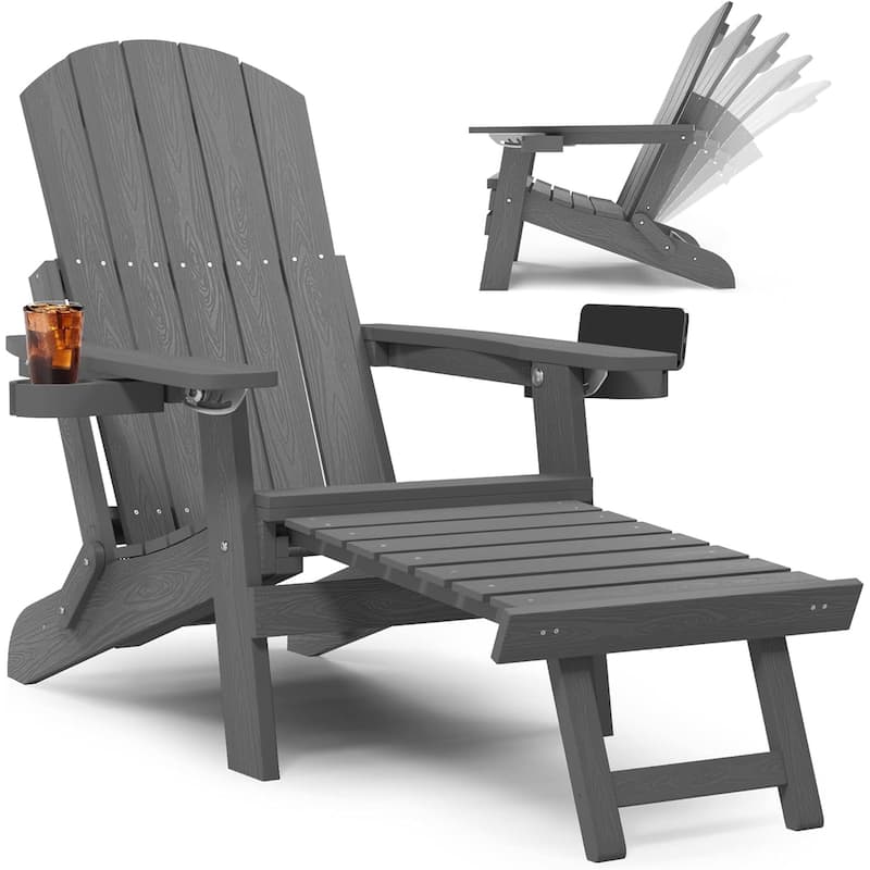 WINSOON All Weather HIPS Folding Adirondack Chair with Adjustable Backrest and Retractable Ottoman