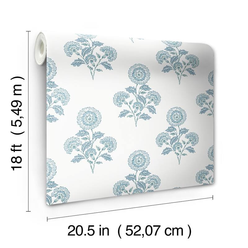 Society Social Flourish Block Print Blue on Blue Peel and Stick Wallpaper