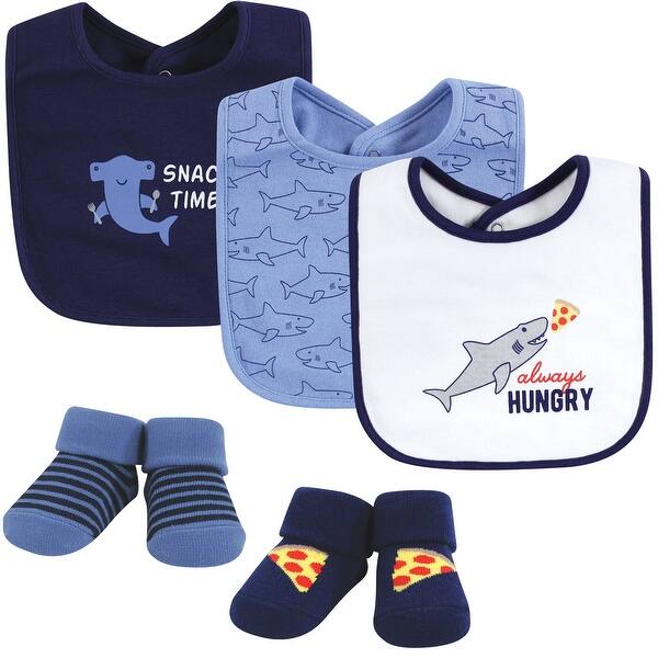 slide 1 of 1, Hudson Baby Infant Boy Cotton Bib and Sock Set, Hungry Shark, One Size - Hungry Shark - One Size