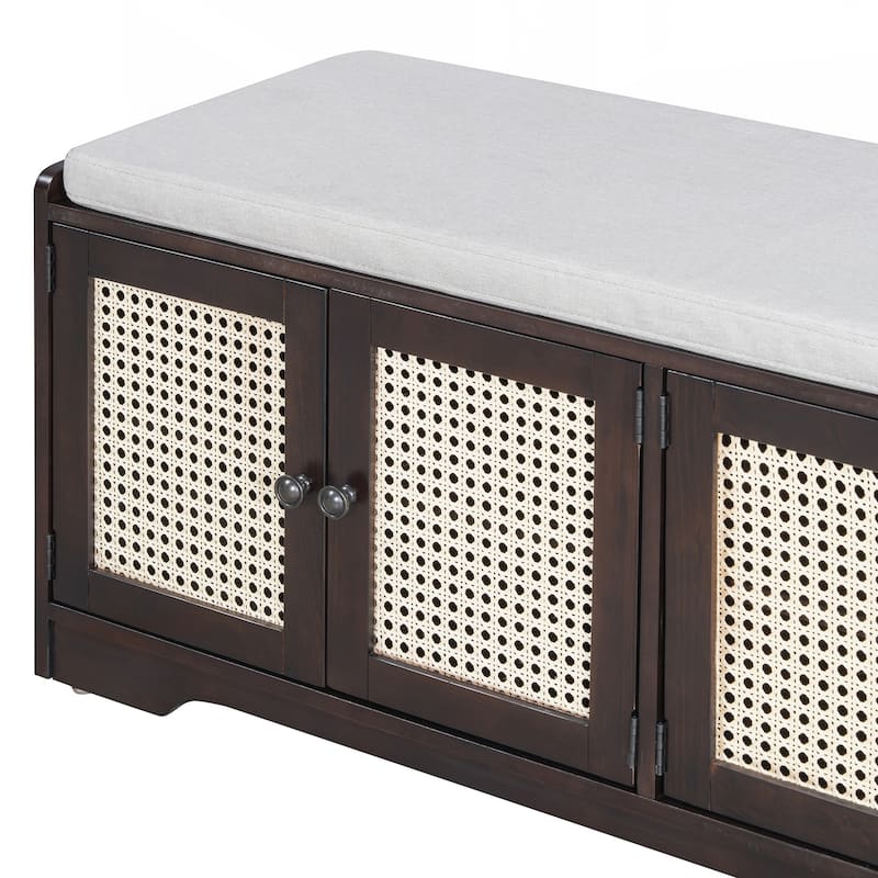 Rustic Storage Bench Multifunctional Wood Entryway Shoe Bench with Removable Cushion, Woven Rattan Doors & Adjustable Shelves
