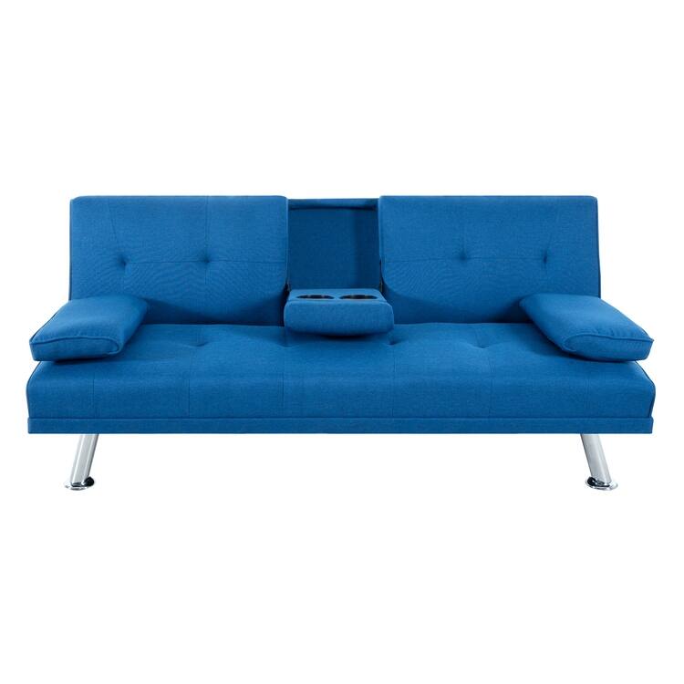 Futon Sofa Bed Couch with Armrest & Cupholders, Faux Leather Sofa Bed Couch Convertible Folding Reclining Small Couch
