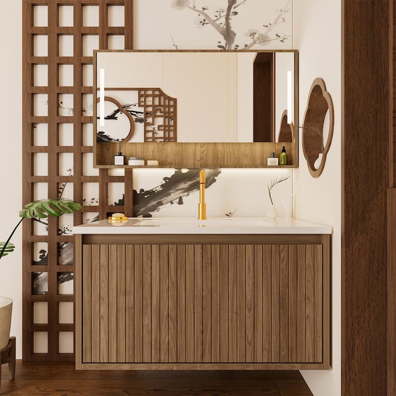 GDFStudio - Ari Modern Aesthetic Freestanding Bathroom Vanity with Ceramic Sink, Soft Close Drawers & Large Storage Spaces - 30" - Walnut