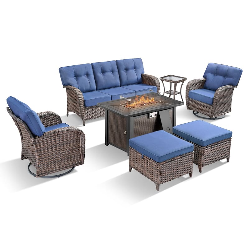 TWrap Wicker Patio Iron Fire Pit Conversation Set with 3-Seat Sofa & Swivel Gliders