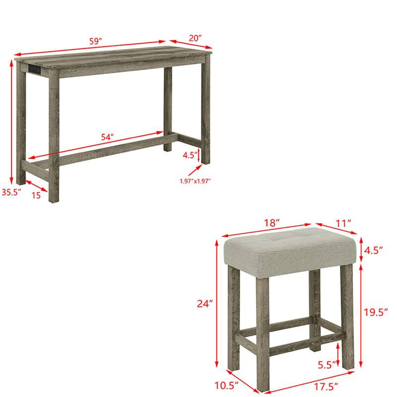59 Inch 4 Piece Bar Table and Chair Set with Power Outlet and 3 Upholstered Stools