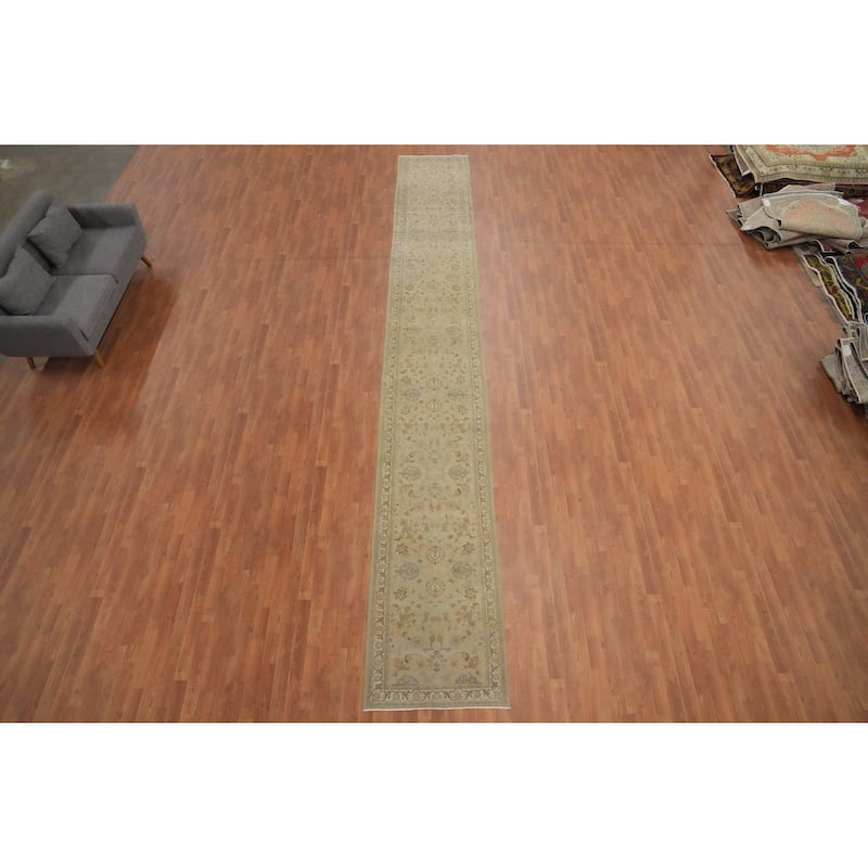 Hand Knotted Oriental 100% Wool Carpet Traditional Floral Beige & Ivories Tabriz Runner Rug - 19' 11'' X 2' 8''