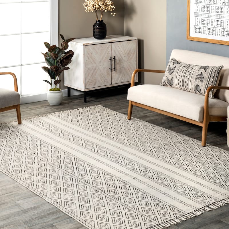 Nuloom Handmade Flatweave Striped Trellis Cotton Fringe Area Rug