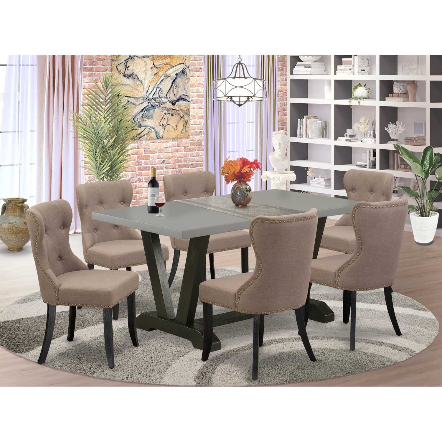 HomeStock 7-Piece Natural Oak Finish Solid Wood Top Dining Table with 6-Chairs