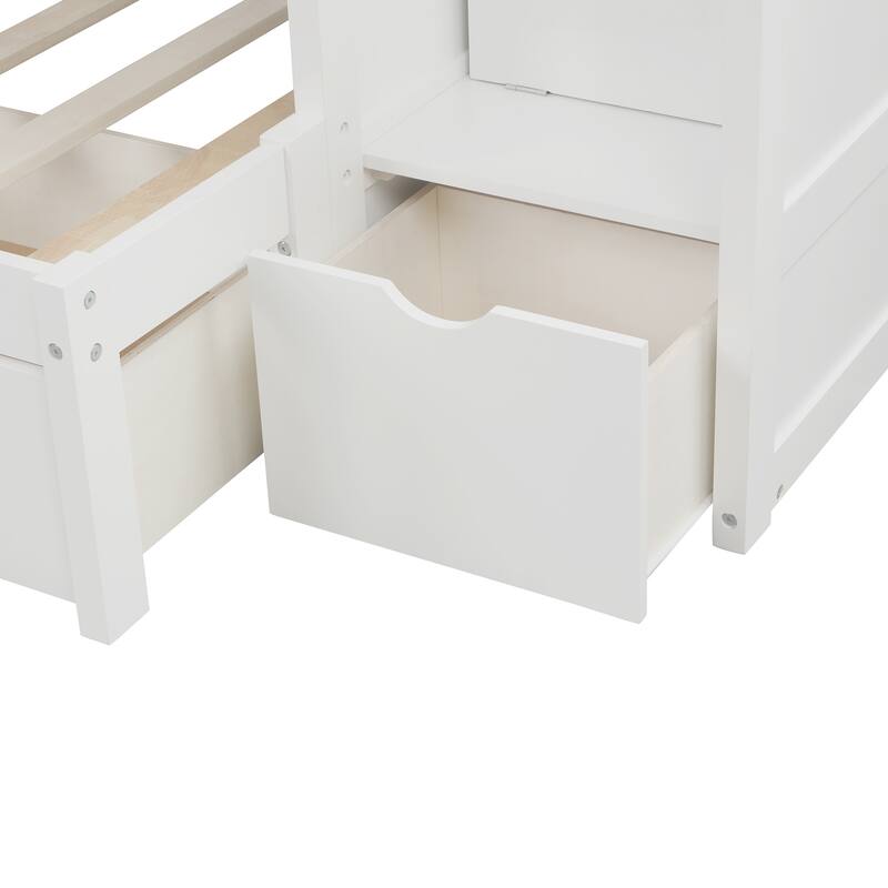 Convertible Twin over Full Bunk Bed with Storage Drawers, Shelves and Safety Rails, White
