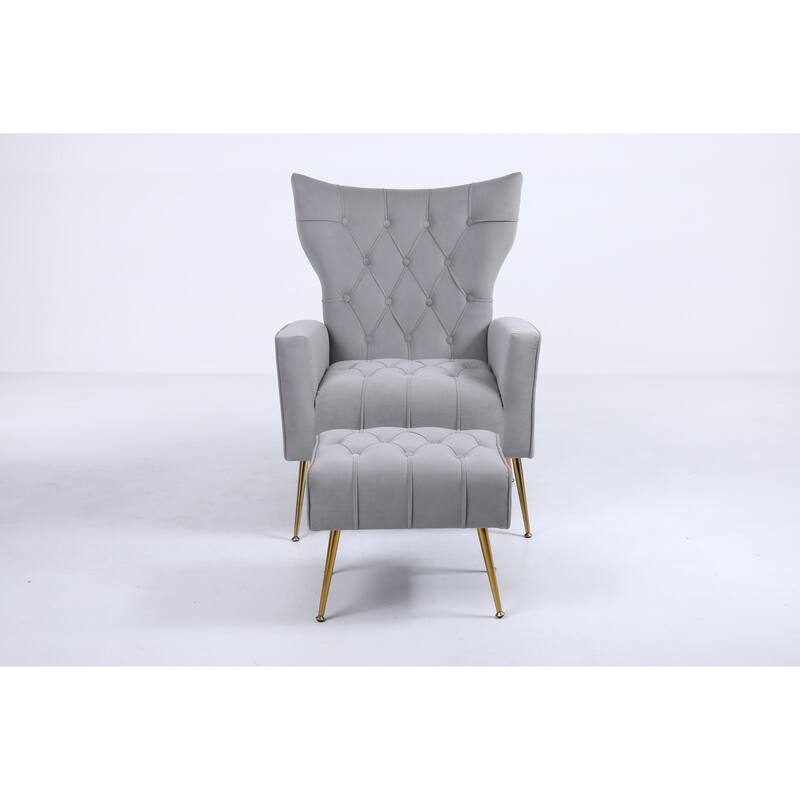 Upholstered Accent Chair with Tufted Cushions and Ottoman In Beige