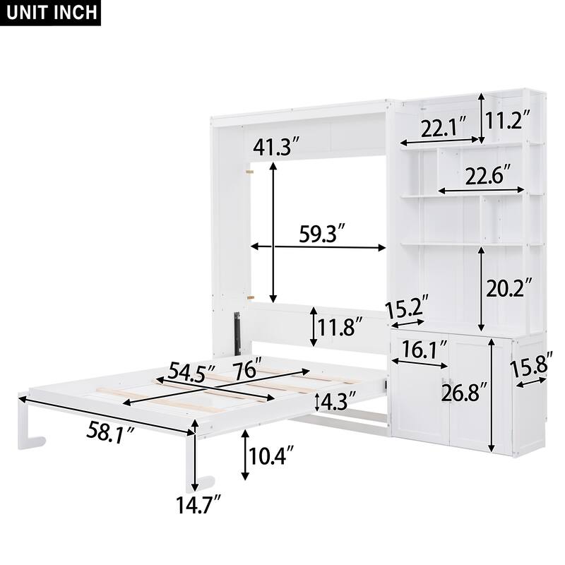 White Full Murphy Bed with Multiple Storage Shelves and Cabinet