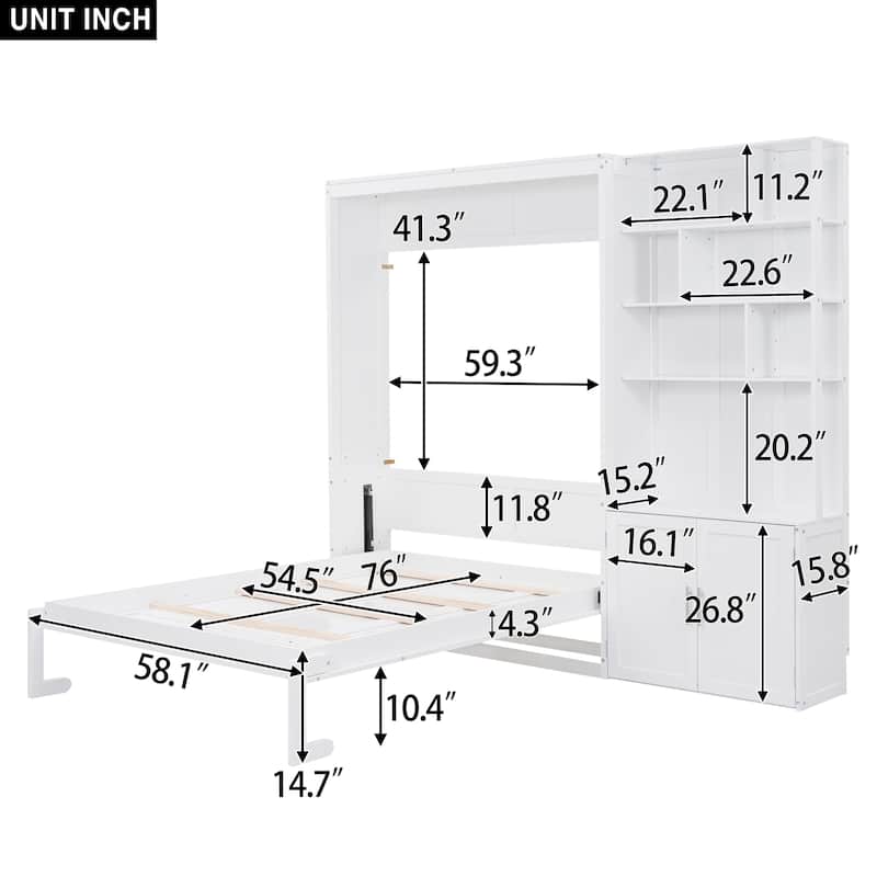 Wood Full Size Murphy Bed with Multiple Storage Shelves and Cabinet, Foldable Hidden Wall Platform Bed for Bedroom