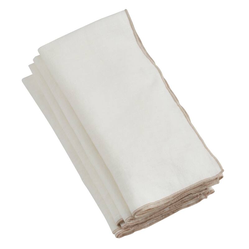 Stonewashed Linen Napkins With Stitched Border Design (Set of 4) - Set of 4 - Ivory