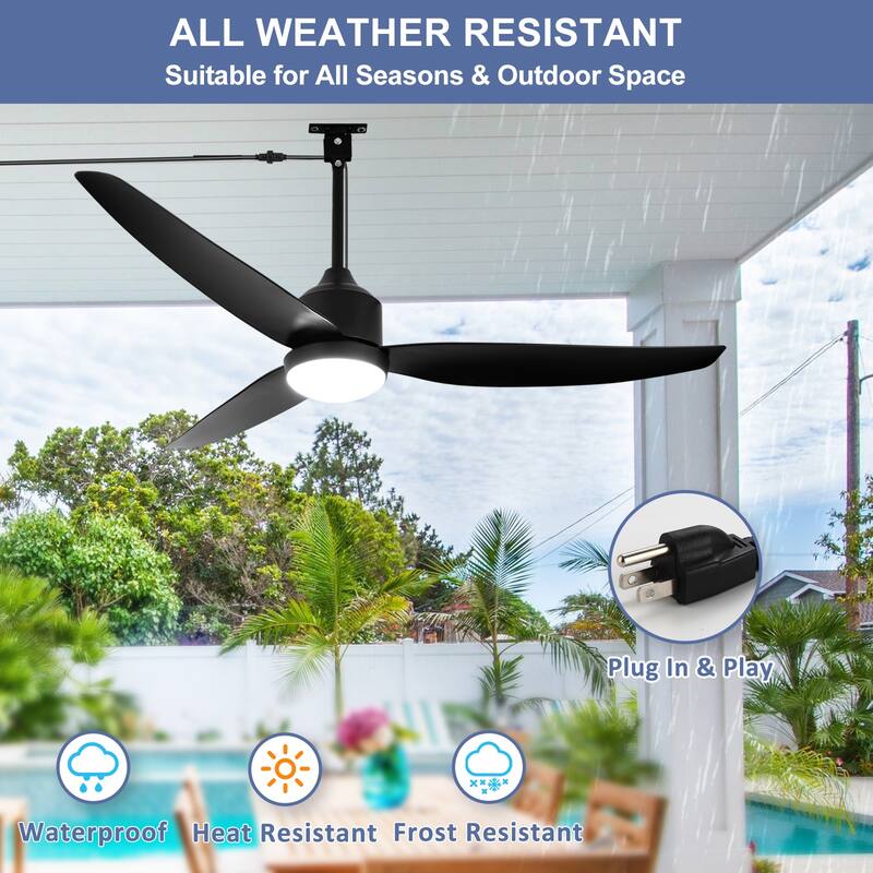 Outdoor Ceiling Fan with Light: 42-52 Inch Hanging - Plug in Waterproof Fans for Patio - Dimmable Remote App Control Black