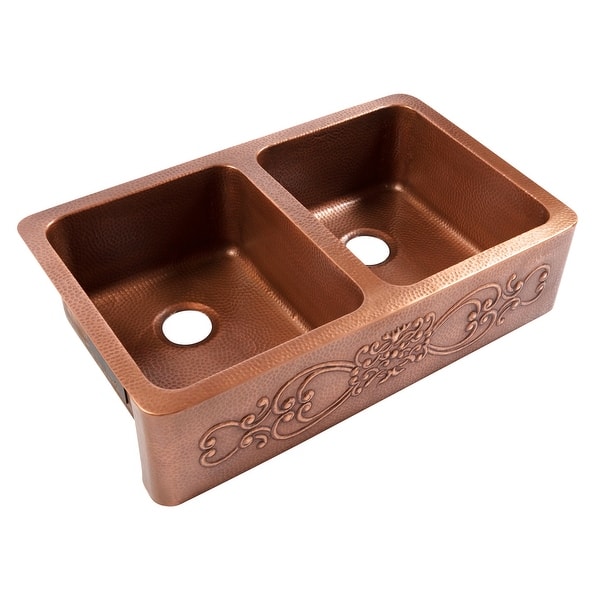 slide 2 of 3, Sinkology Ganku Copper 36" Double Bowl Undermount Farmhouse Apron Kitchen Sink