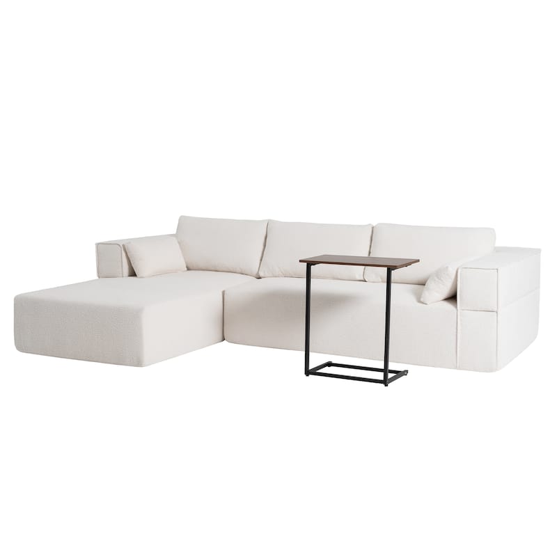 L Shaped Boucle Fabric Sectional Sofa w/ Chaise Lounge, Side Table, Pillows