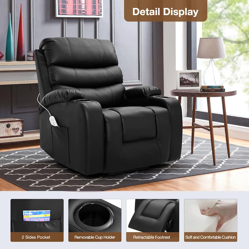 Oversized Power Lift Recliner Chair with Massage & Heat, PU Leather, USB Port, Cup Holders & Pockets