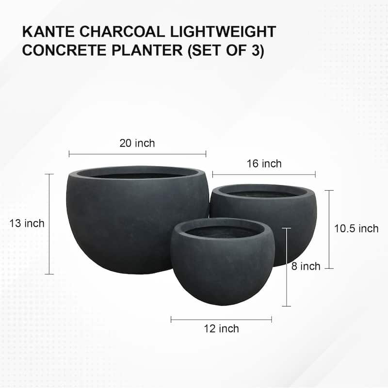 Kante Lightweight Concrete Outdoor Round Planter, Set of 3, 13", 10.5" and 8" Tall, Charcoal