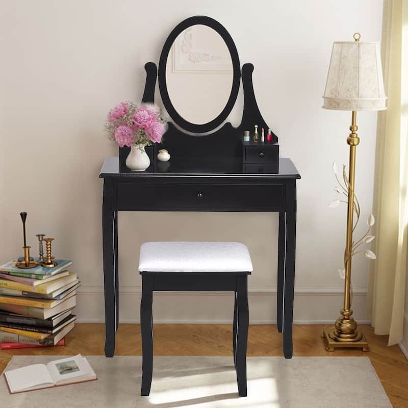 Gymax Bedroom Wooden Mirrored Makeup Vanity Set w/Stool Black