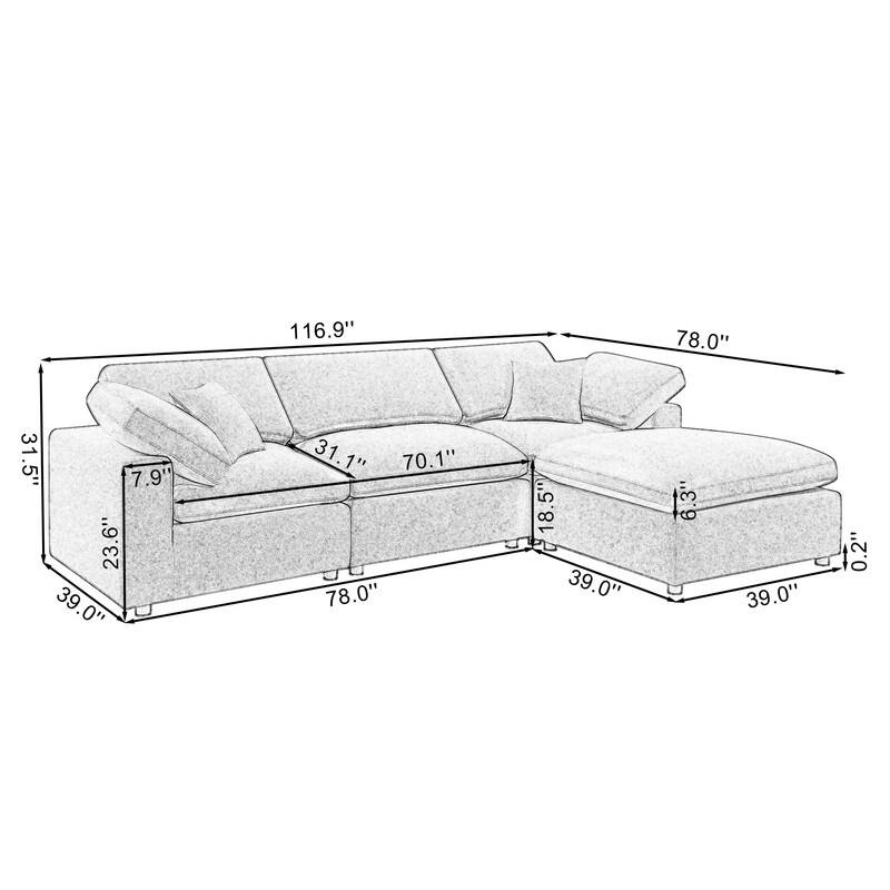 Grey 3 Seater Lshaped Sectional Sleeper Sofa w/ Ottoman Chaise Lounge