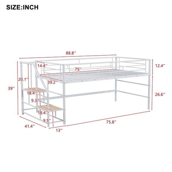 dimension image slide 0 of 2, Twin Size Mid Loft Bed with Storage Stairs, Heavy Duty Metal Loft Bed Frame with Guardrails, Kids Playhouse Bed with Slats
