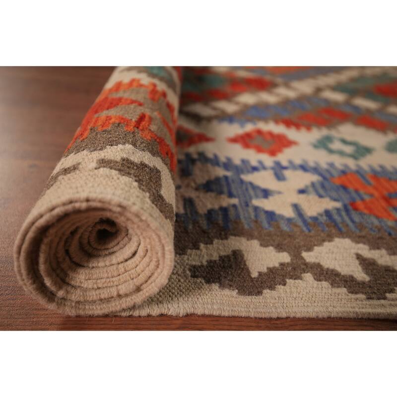 Reversible Geometric Kilim Area Rug Hand-Woven Wool Carpet - 8'2" x 10'5"