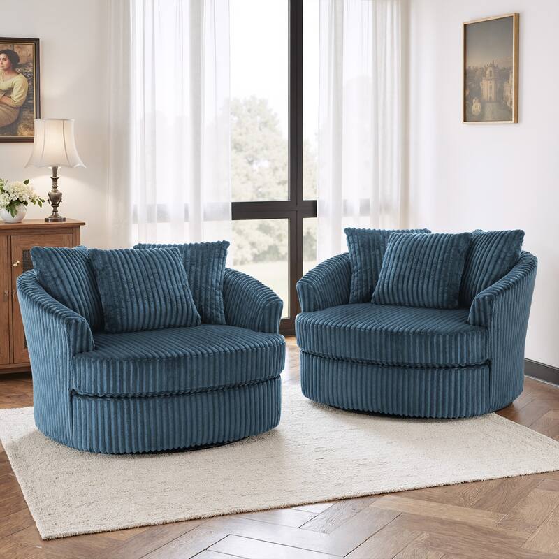 2 Set Oversized 43" W Plush Corduroy Swivel Barrel Chair with Pillows