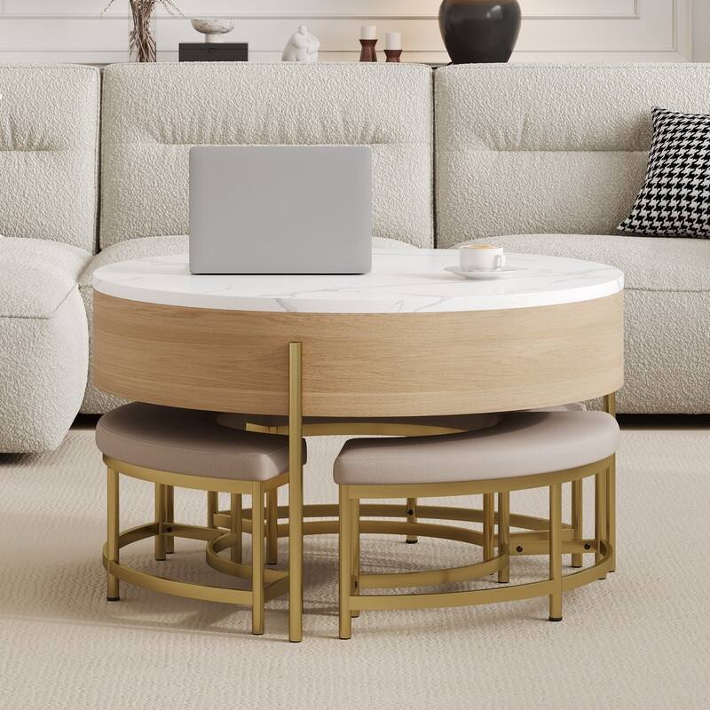 Modern Round Lift-Top Coffee Table with Storage & 3 Ottoman