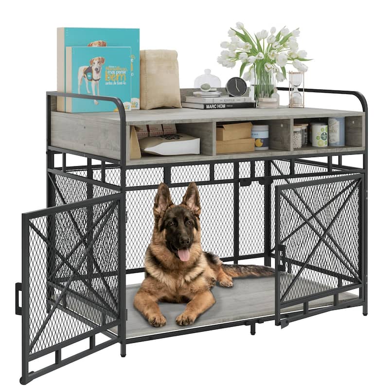 BOSSIN Large Dog Crate Furniture,Wooden Dog Kennel Table with Storage Drawers, Heavy Duty Metal Mesh,Decorative Pet House Indoor - Grey