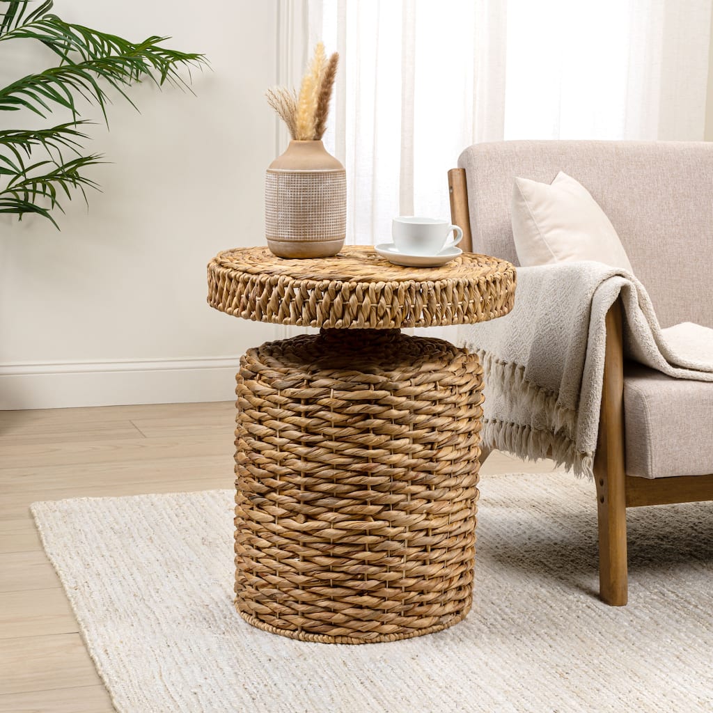 Marisol Bohemian Woven Round Accent Table, -Style Pedestal End Side Table for Living Room