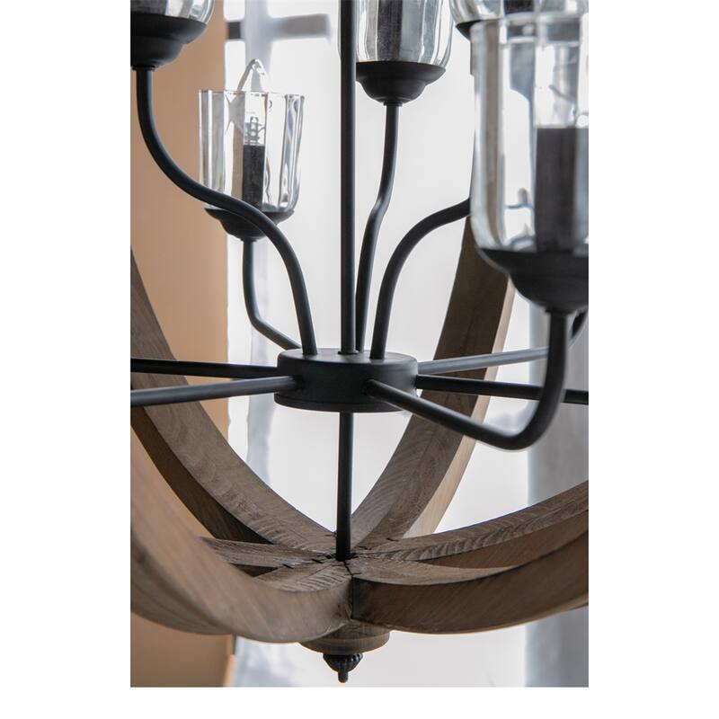 9- Light Globe Wood Chandelier with Adjustable Chain (No Bulb) - N/A