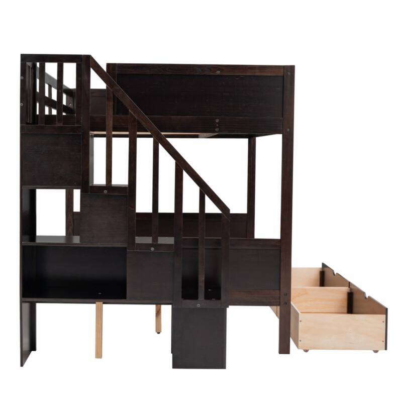 Twin over Full Bunk Bed with Shelfs, Storage Staircase and 2 Drawers
