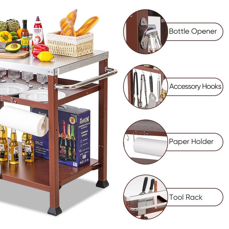 Feasto 734401B 3-Shelf Indoor Outdoor Movable Serving Cart Outdoor Kitchen Station