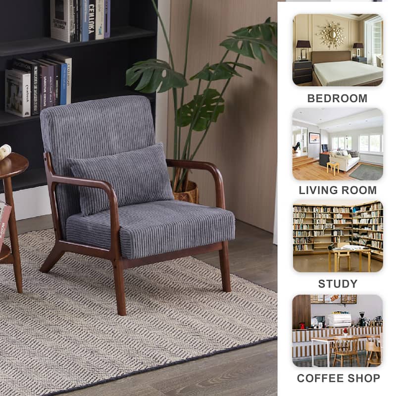 Mid-Century Modern Accent Chair – Upholstered Armchair with Pillow & Solid Wood Frame, Perfect for Living Room, Bedroom.