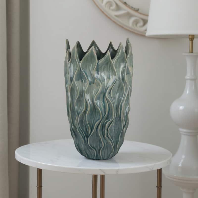 Esen Decorative Vase, Abstract Wave Design, 22 Inch Green Ceramic