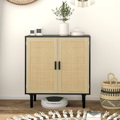 31.5" Double-Tier Rattan Sideboard Cabinet with Magnetic Doors for Living Room Storage - 31.5" W x 15.7" D x 34.6" H