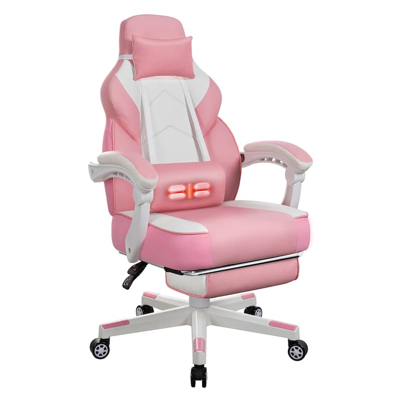 Futzca Gaming Chair PU Leather Office Chair with Headrest, Footrest & Massage Lumbar Support - Pink