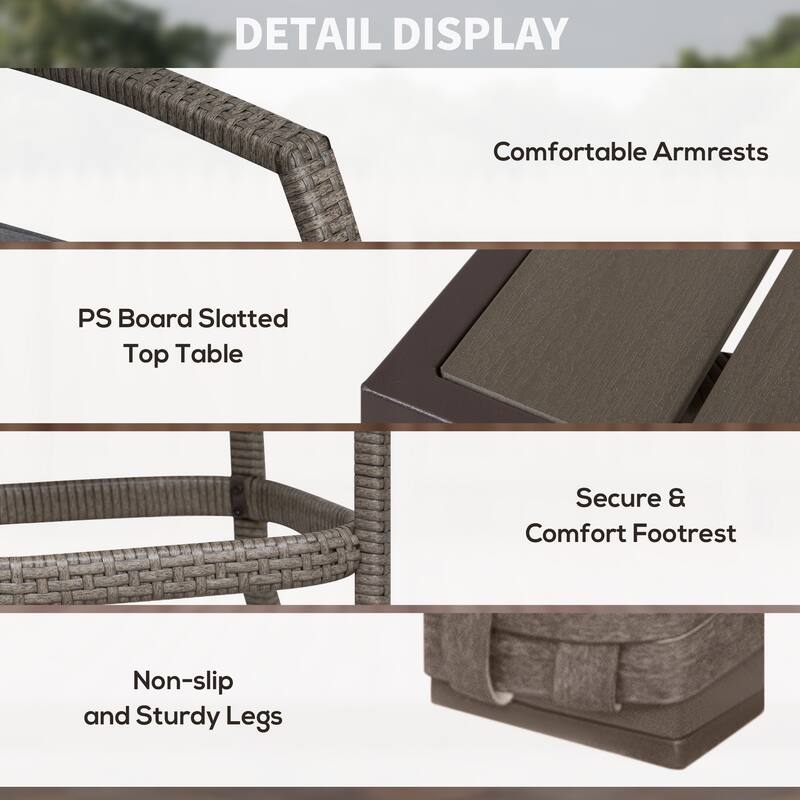 3-Piece Outdoor Wicker Bar Set with Wood-Grain Slatted Table and Cushioned High Back Stools, Weather-Resistant Patio Furniture