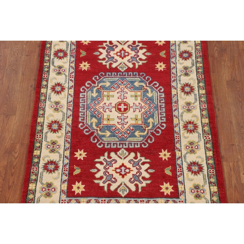 Red Geometric Kazak Foyer Rug Hand-Knotted Wool Carpet - 2'10" x 4'2"